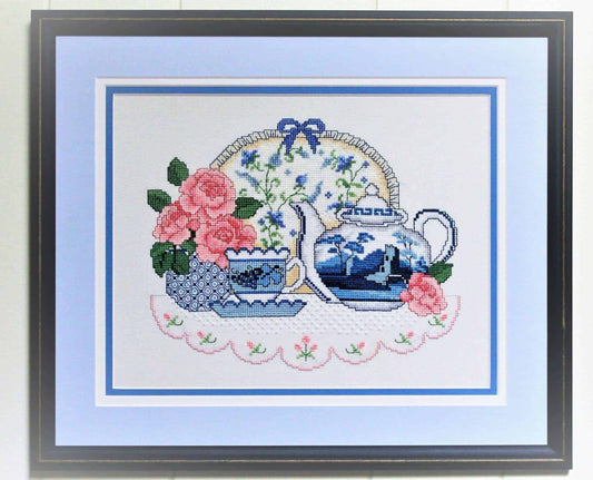 Needlework, Completed Cross-Stitch, Tea Time, Framed, Vintage