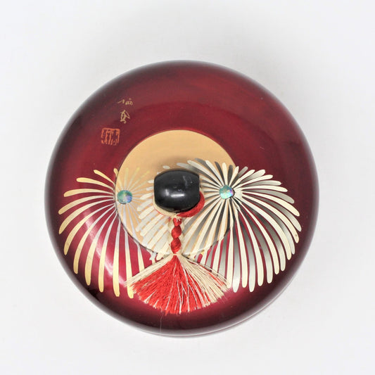 Trinket Box: Hand Painted Burgundy Lacquer, Mother of Pearl Beads, Silk Tassel, Japan, Vintage 1960s - SOLD