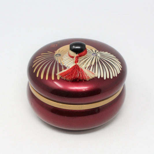 Trinket Box: Hand Painted Burgundy Lacquer, Mother of Pearl Beads, Silk Tassel, Japan, Vintage 1960s - SOLD