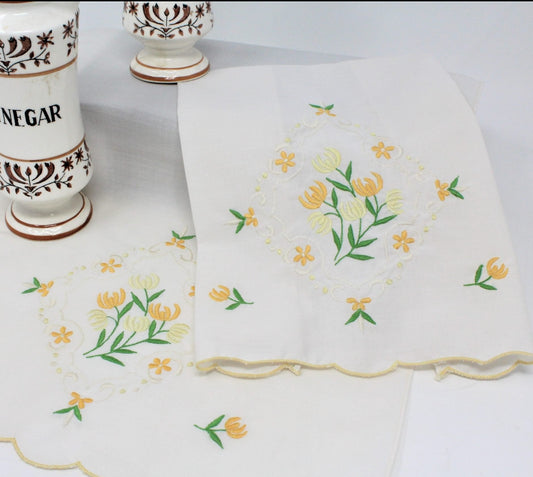 Tea Towels / Fingertip Towels, Embroidered Yellow Floral, Set of 2, Vintage