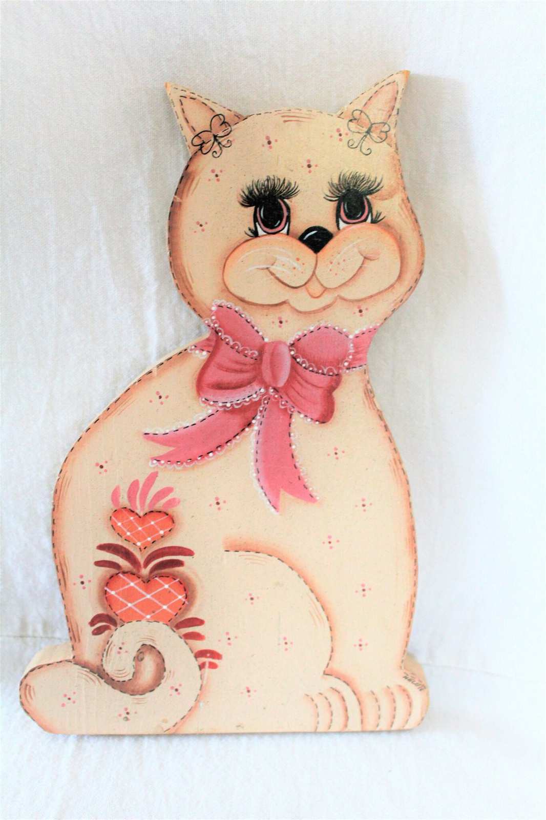 Wall Decor, Wooden Cat Cutout, Hand Painted, Pink Girl Cat, Vintage 11"