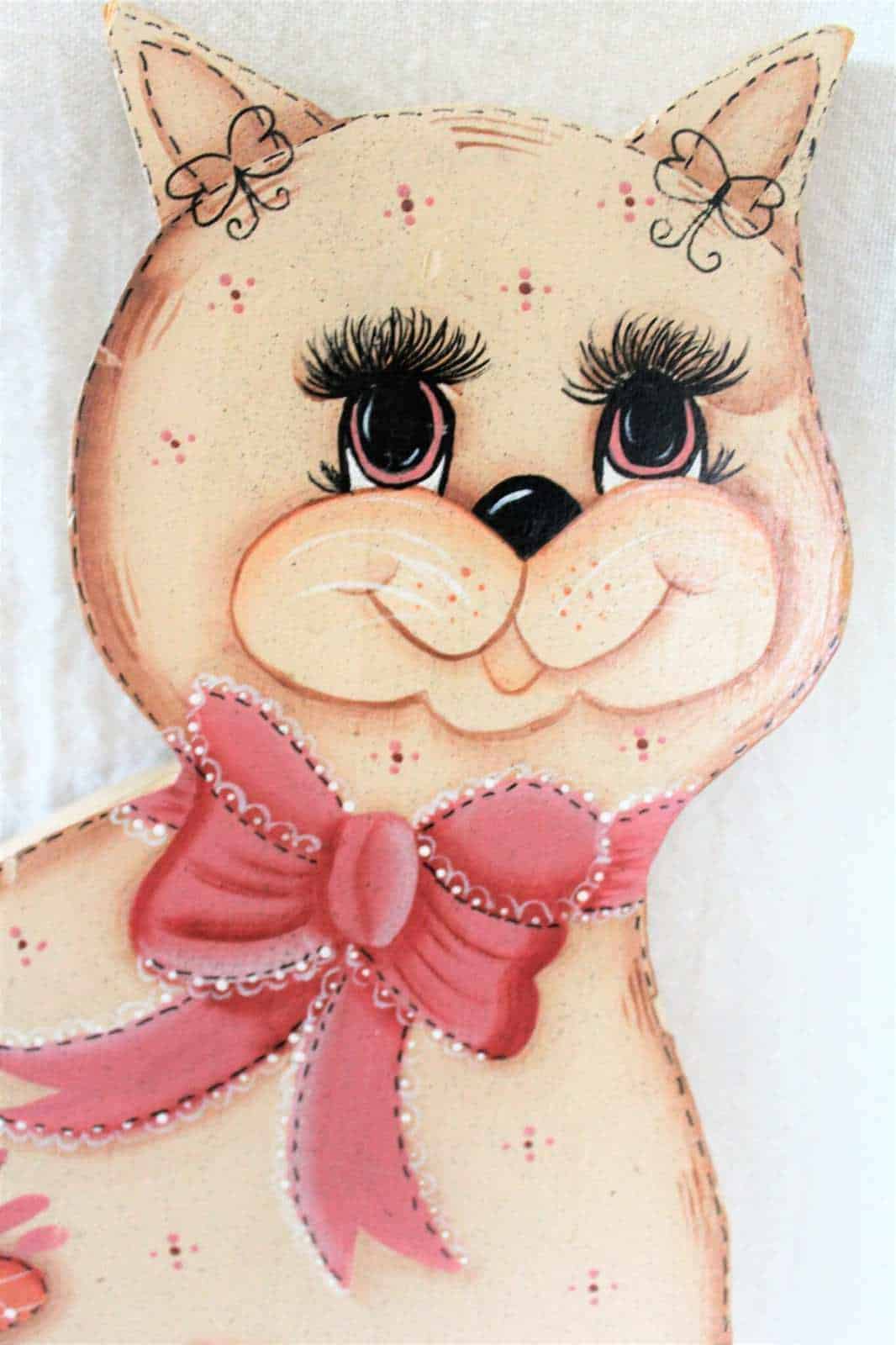 Wall Decor, Wooden Cat Cutout, Hand Painted, Pink Girl Cat, Vintage 11"