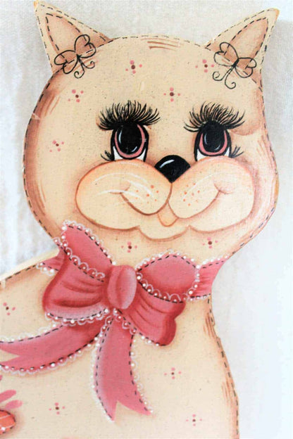 Wall Decor, Wooden Cat Cutout, Hand Painted, Pink Girl Cat, Vintage 11"