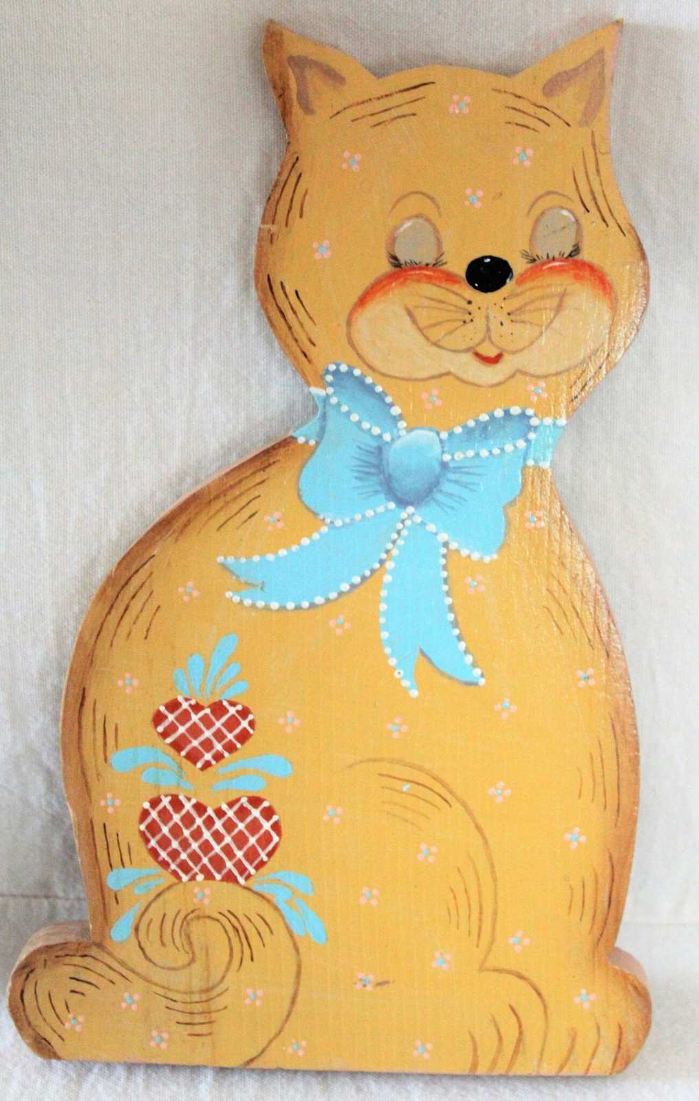 Wooden Cat Cutout, Hand Painted, Blue Cat, Vintage 11"