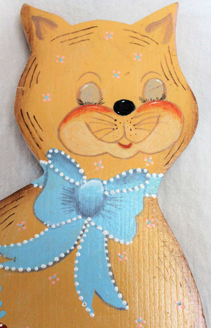 Wood Cat Cutout, Hand Painted, Blue Cat, Vintage 11"