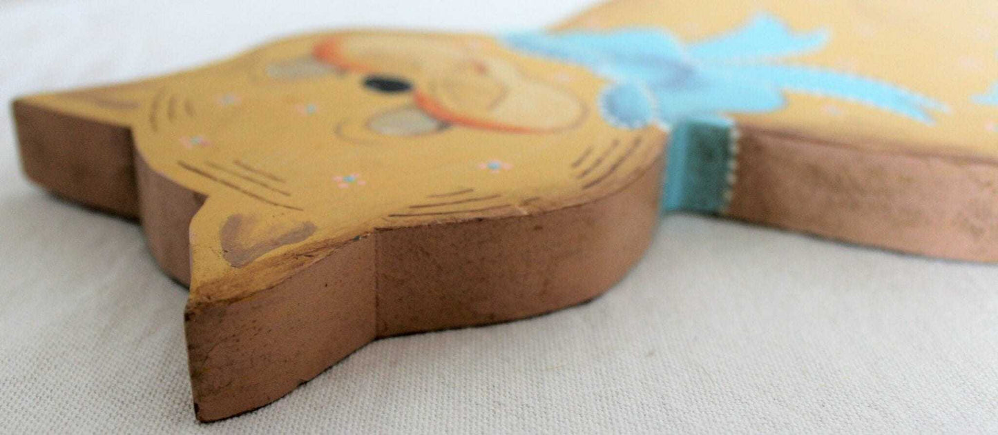 Wooden Cat Cutout, Hand Painted, Blue Cat, Vintage 11"