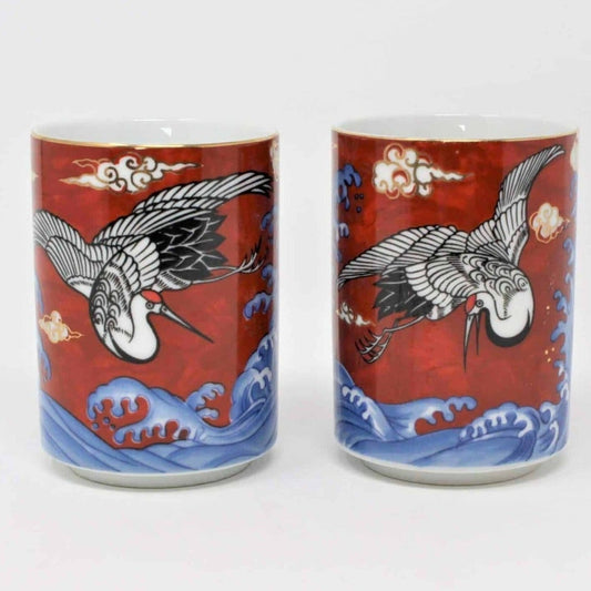 Teacups Japanese, Yunomi Style, Takahashi, Cranes, Set of 2, Vintage
