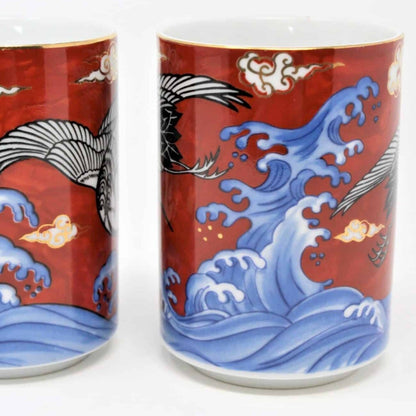 Teacups Japanese, Yunomi Style, Takahashi, Cranes, Set of 2, Vintage