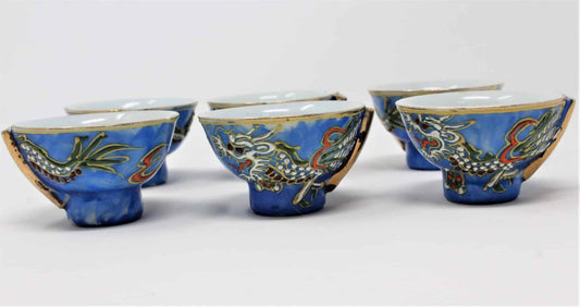Sake Cups: Blue Moriage Dragonware, Hand Painted Sakazuki, Set of 6, Japan, Vintage 1950s - SOLD