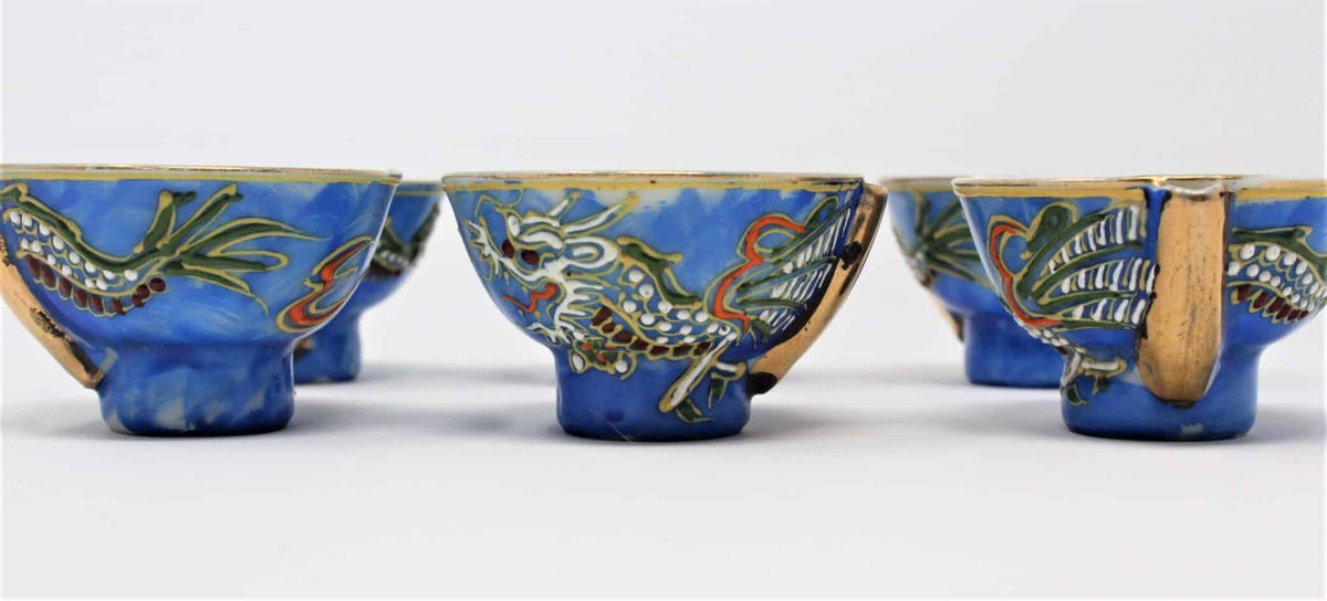Sake Cups: Blue Moriage Dragonware, Hand Painted Sakazuki, Set of 6, Japan, Vintage 1950s - SOLD