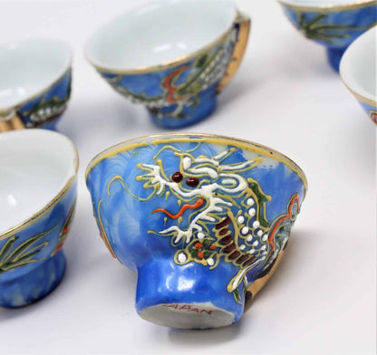 Sake Cups: Blue Moriage Dragonware, Hand Painted Sakazuki, Set of 6, Japan, Vintage 1950s - SOLD