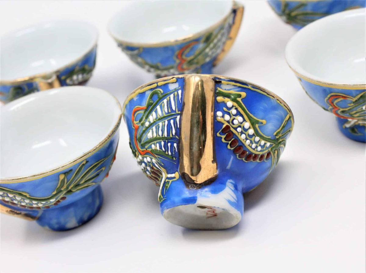 Sake Cups: Blue Moriage Dragonware, Hand Painted Sakazuki, Set of 6, Japan, Vintage 1950s - SOLD