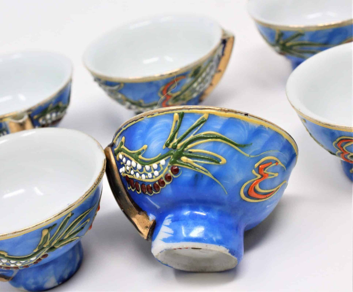 Sake Cups: Blue Moriage Dragonware, Hand Painted Sakazuki, Set of 6, Japan, Vintage 1950s - SOLD