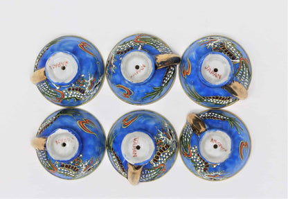 Sake Cups: Blue Moriage Dragonware, Hand Painted Sakazuki, Set of 6, Japan, Vintage 1950s - SOLD