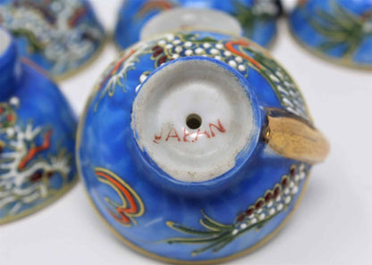 Sake Cups: Blue Moriage Dragonware, Hand Painted Sakazuki, Set of 6, Japan, Vintage 1950s - SOLD