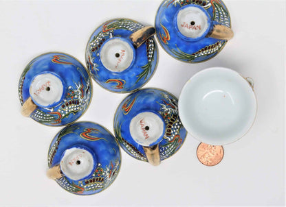 Sake Cups: Blue Moriage Dragonware, Hand Painted Sakazuki, Set of 6, Japan, Vintage 1950s - SOLD