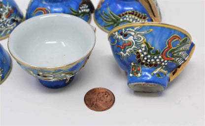 Sake Cups: Blue Moriage Dragonware, Hand Painted Sakazuki, Set of 6, Japan, Vintage 1950s - SOLD