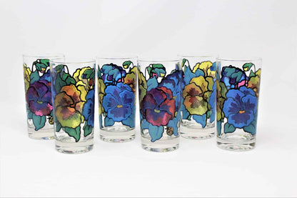 Tumblers: Mt Washington, Pansies by Pasinski, Stained Glass Look, Set of 6, USA, Vintage 1950s - SOLD