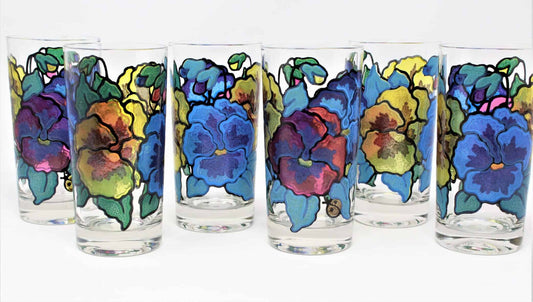 Tumblers: Mt Washington, Pansies by Pasinski, Stained Glass Look, Set of 6, USA, Vintage 1950s - SOLD