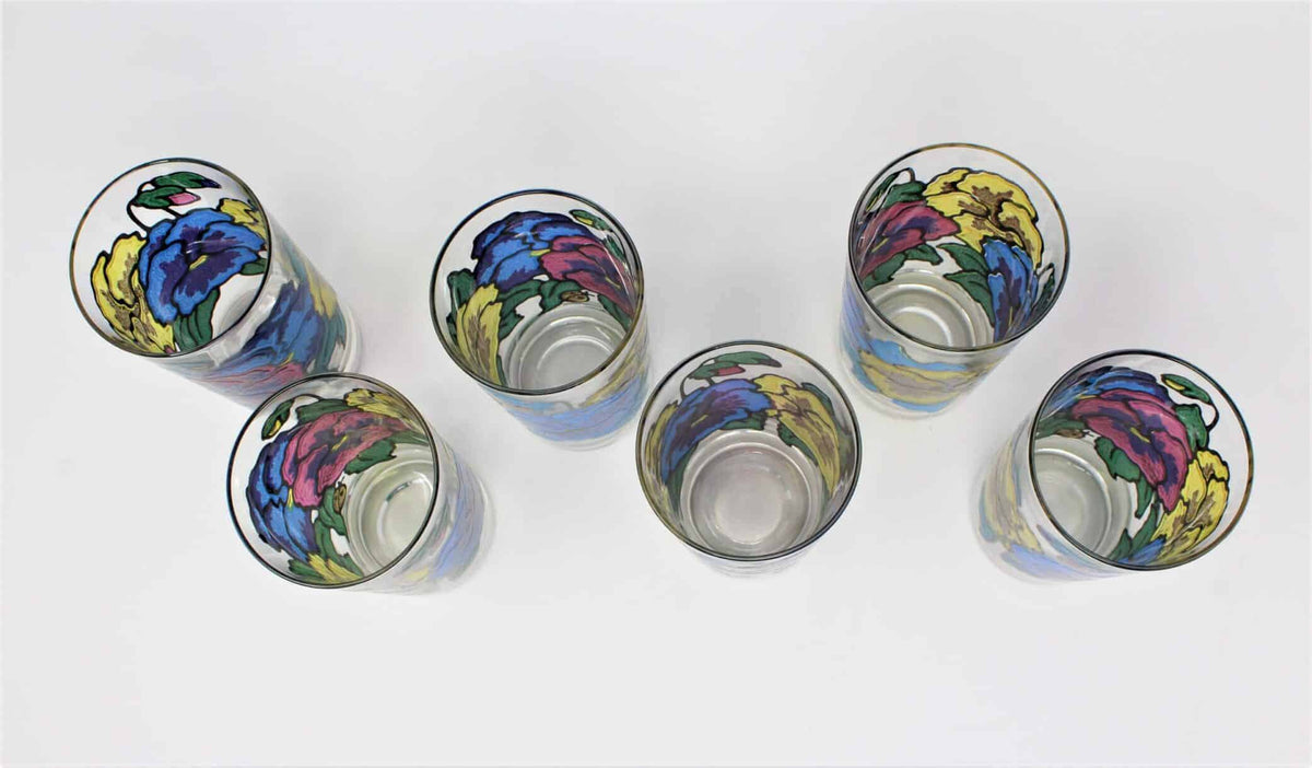 Tumblers: Mt Washington, Pansies by Pasinski, Stained Glass Look, Set of 6, USA, Vintage 1950s - SOLD