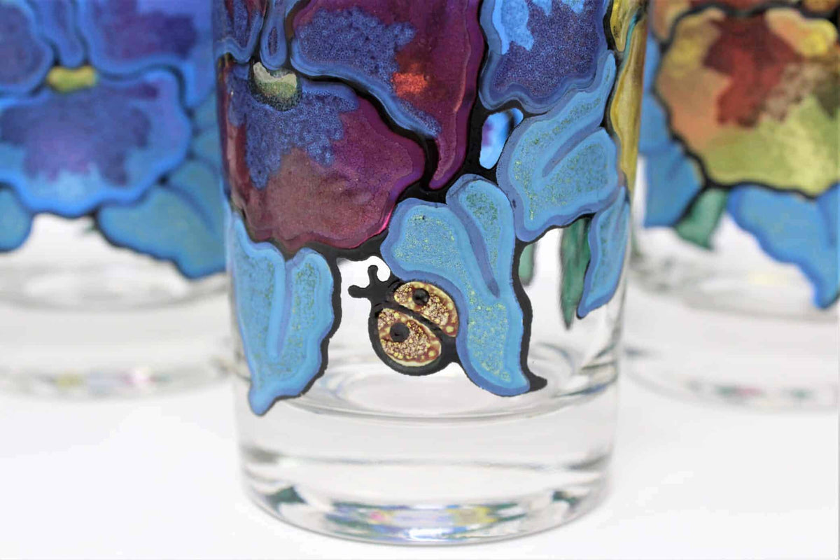 Tumblers: Mt Washington, Pansies by Pasinski, Stained Glass Look, Set of 6, USA, Vintage 1950s - SOLD