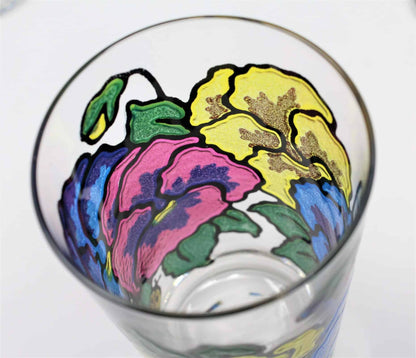 Tumblers: Mt Washington, Pansies by Pasinski, Stained Glass Look, Set of 6, USA, Vintage 1950s - SOLD