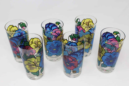 Tumblers: Mt Washington, Pansies by Pasinski, Stained Glass Look, Set of 6, USA, Vintage 1950s - SOLD