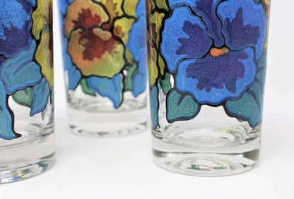 Tumblers: Mt Washington, Pansies by Pasinski, Stained Glass Look, Set of 6, USA, Vintage 1950s - SOLD