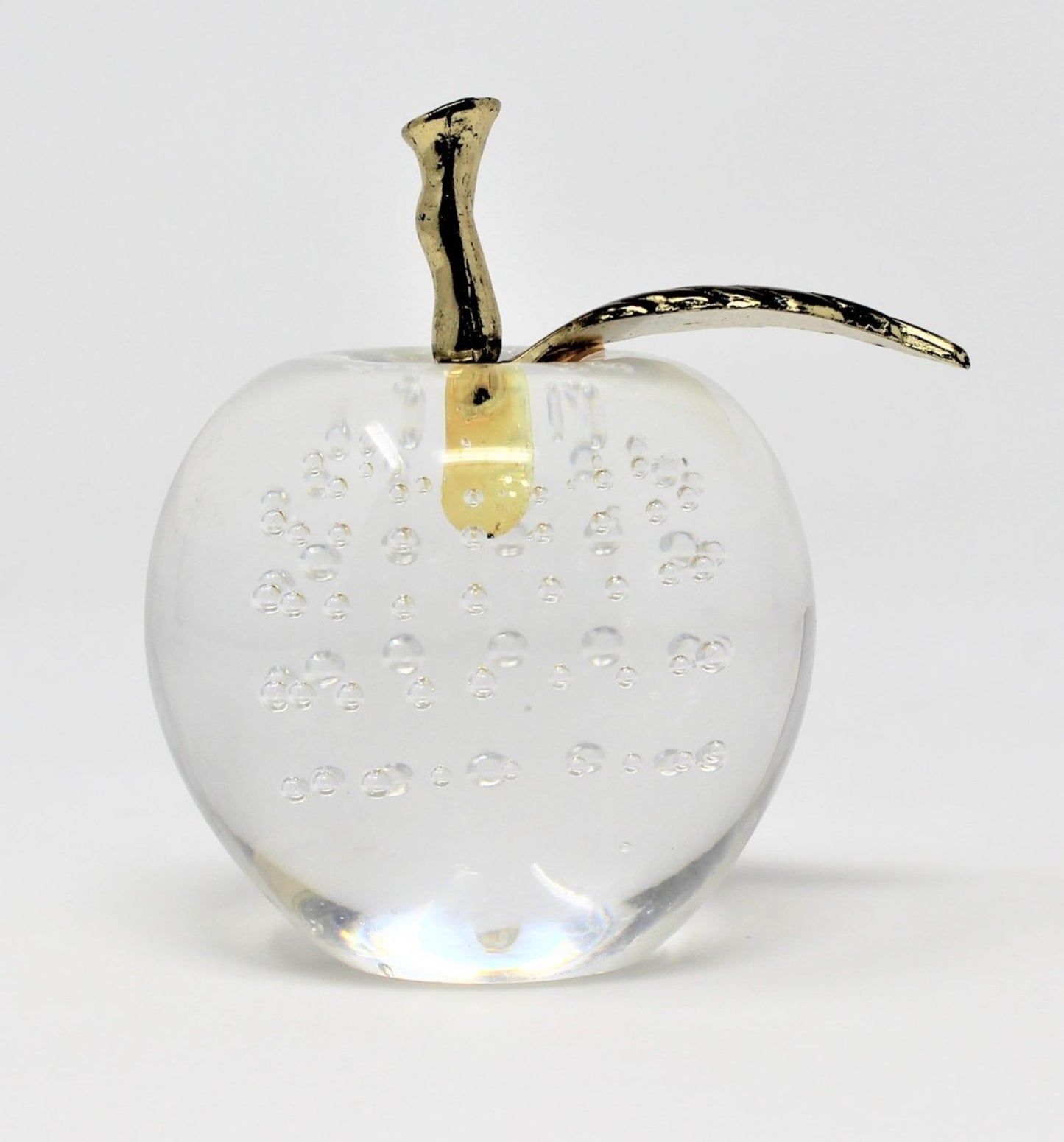 Paperweight, Silvestri Bubble Glass Apple, Brass Leaf, Taiwan, Vintage