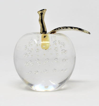 Paperweight, Silvestri Bubble Glass Apple, Brass Leaf, Taiwan, Vintage