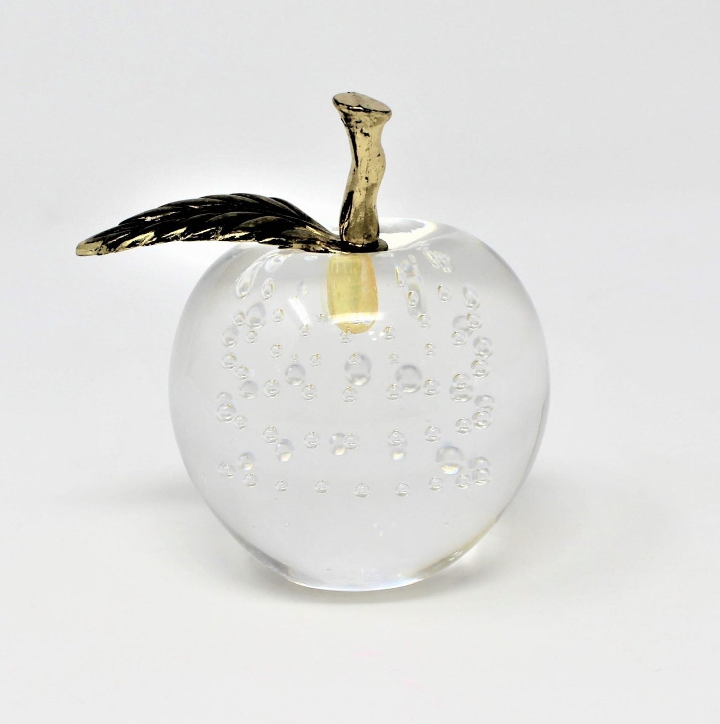 Paperweight, Silvestri Bubble Glass Apple, Brass Leaf, Taiwan, Vintage