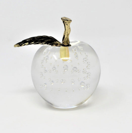 Paperweight, Silvestri Bubble Glass Apple, Brass Leaf, Taiwan, Vintage