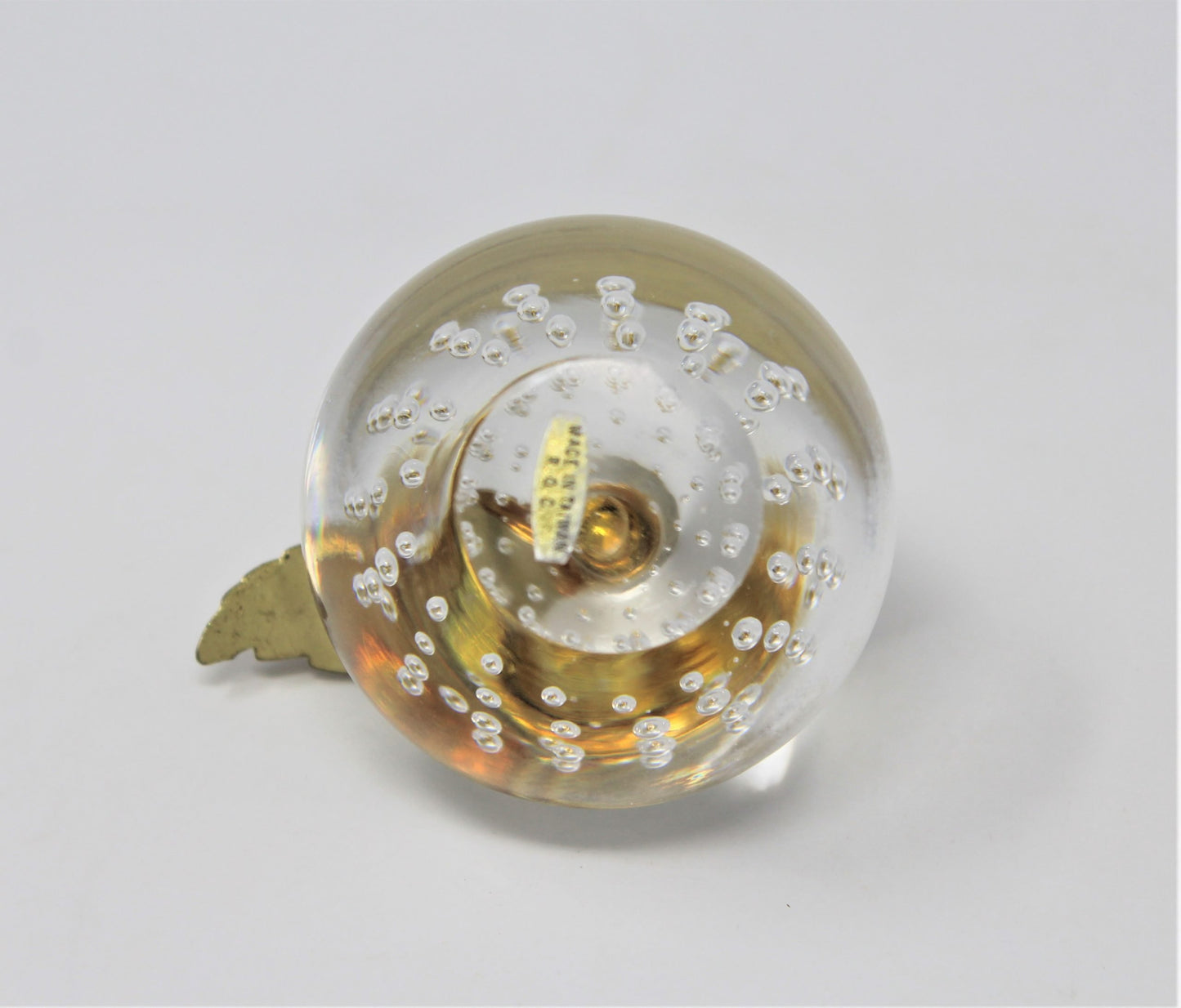 Paperweight, Silvestri Bubble Glass Apple, Brass Leaf, Taiwan, Vintage