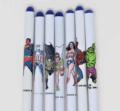 Pens, Super Hero, DC & Marvel Comics, Set of 8, Superman, Wonder Woman, Spiderman +, Vintage NOS