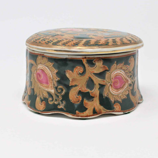 Trinket Box, Oriental Accents, Hand Painted, Bisque, Vintage China