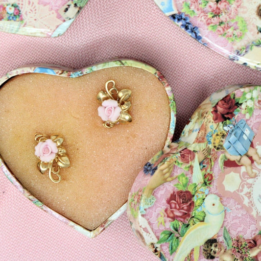 Earrings, Avon, Pink Roses Earrings in Heart Stacking Boxes, Posts, 1996