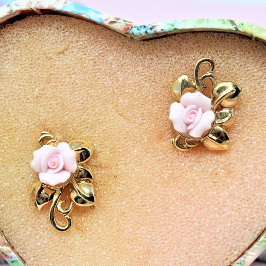 Earrings, Avon, Pink Roses Earrings in Heart Stacking Boxes, Posts, 1996