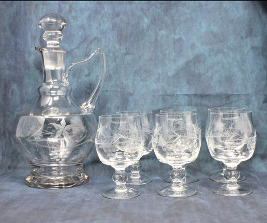 etched glass decanter with 6 matching stemmed glasses
