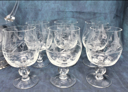 6 stemmed etched glasses from Romania