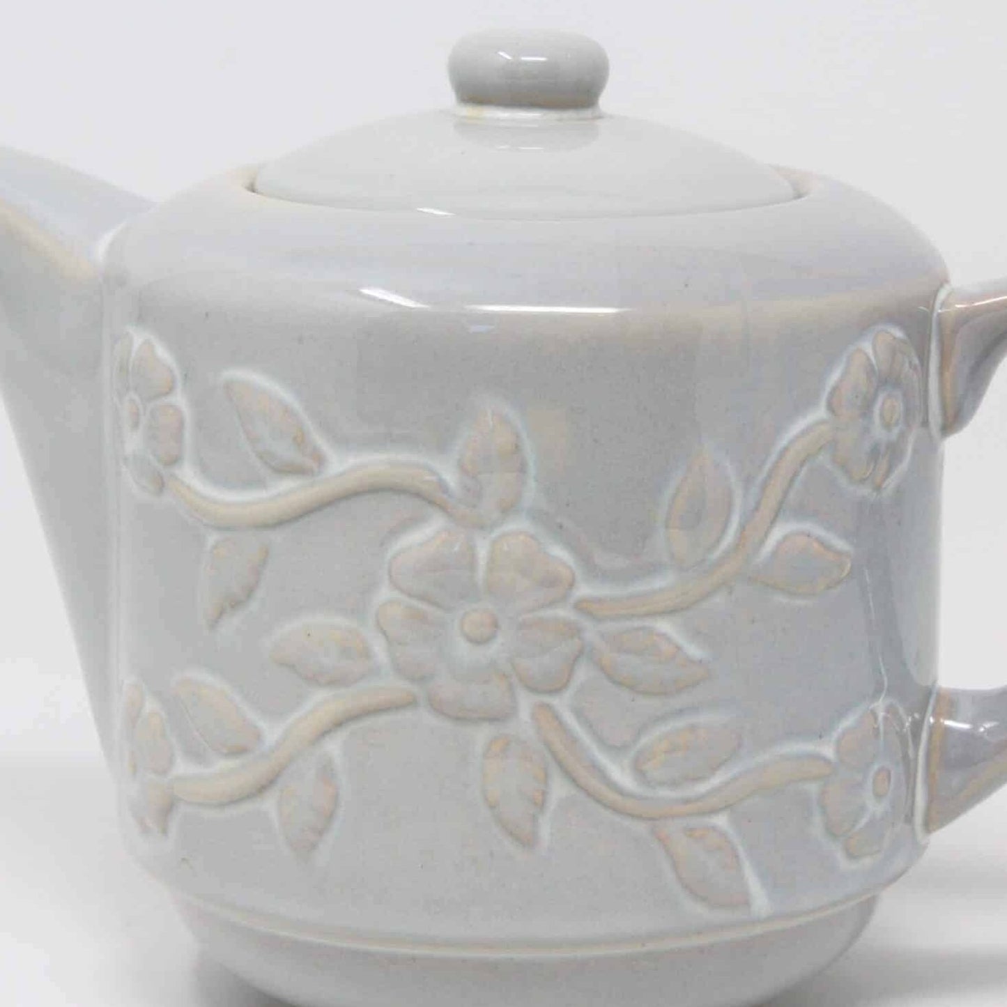 Teapot, Margaux, Floral Embossed, Gray Stoneware, China, Vintage