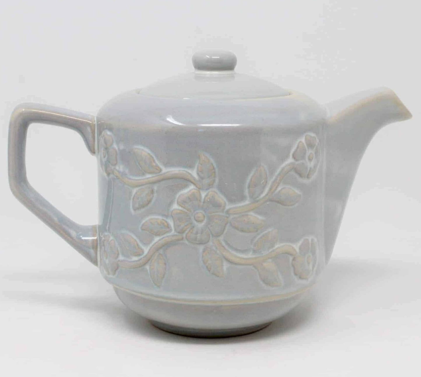 Teapot, Margaux, Floral Embossed, Gray Stoneware, China, Vintage