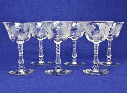 Cocktail / Liquor Glasses, Rock Sharpe Crystal, Blossom, Set of 6, Vintage