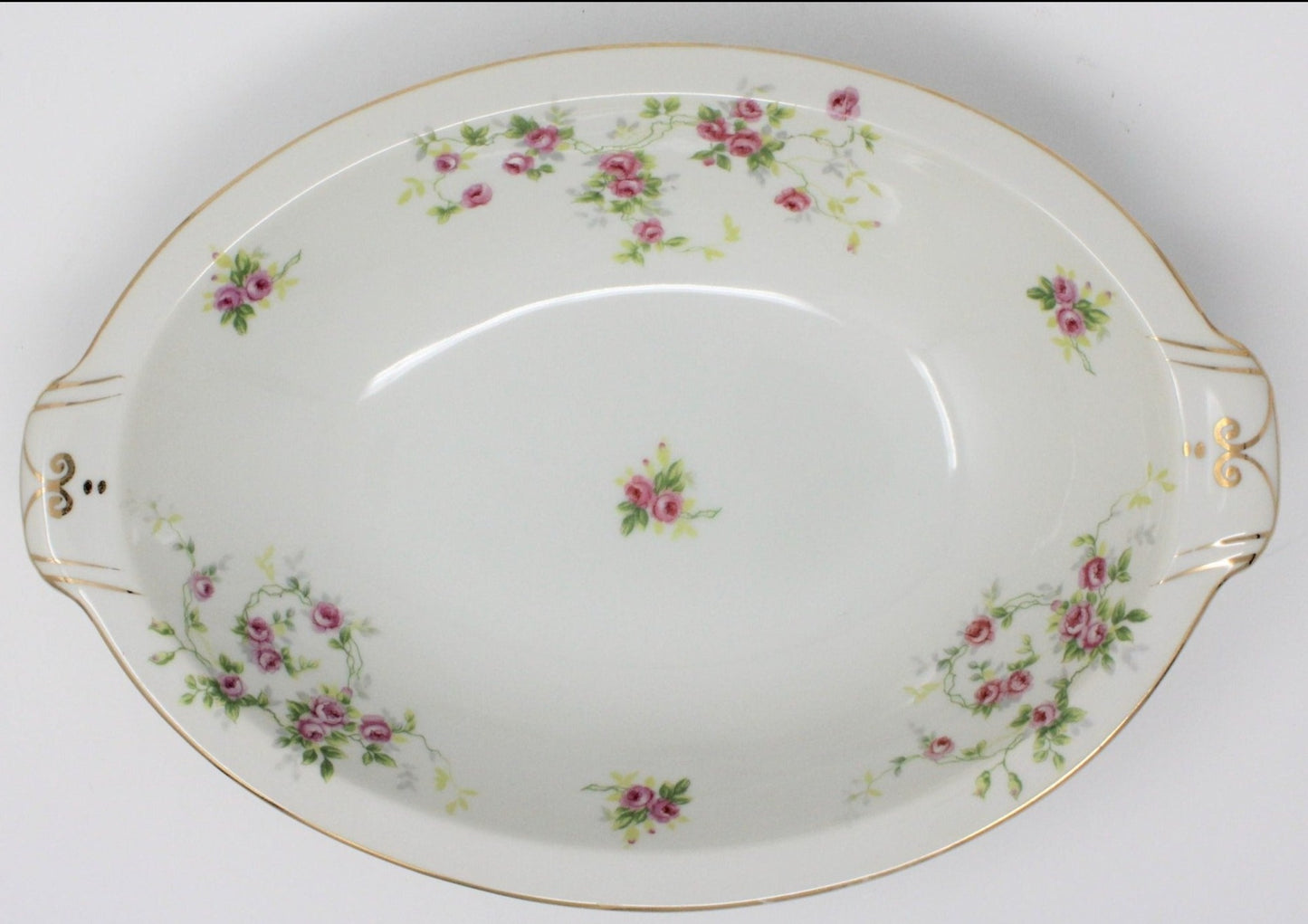 Serving Bowl, Oval Ceramic, Pink Roses, Vintage Japan