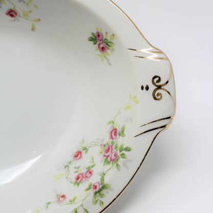 Serving Bowl, Oval Ceramic, Pink Roses, Vintage Japan