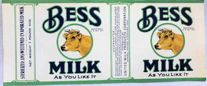 Can Label, Bess Milk, Original NOS Lithograph, Antique 1910's