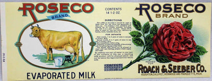 Can Label, Roseco Brand Evaporated Milk, Original NOS Lithograph, Vintage