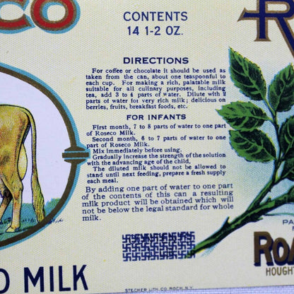 Can Label, Roseco Brand Evaporated Milk, Original NOS Lithograph, Vintage