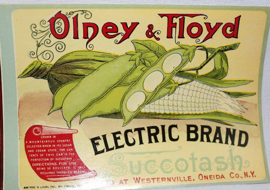 Can Label, Electric Brand Olney Succotash, Original Lithograph, Antique