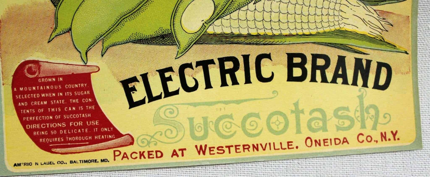 Can Label, Electric Brand Olney Succotash, Original Lithograph, Antique