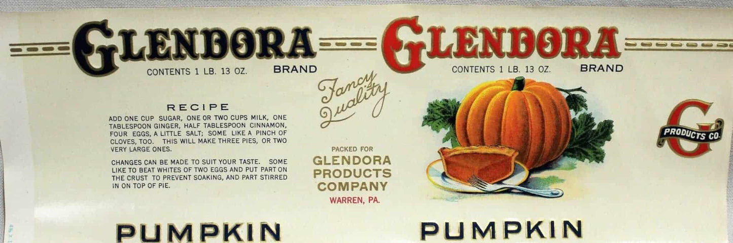 Can Label, Glendora Pumpkin, Embossed Lithograph, Original, NOS, Vintage